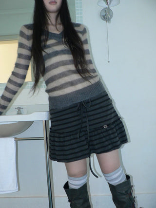 High Waist Printed Lined Korean A Line Tie Detail Casual Deep Gray Mini Skirt