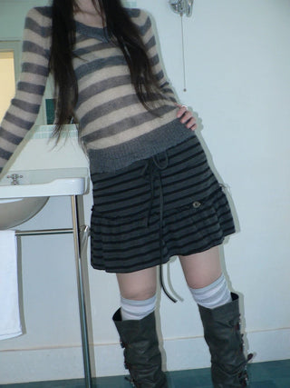 High Waist Printed Lined Korean A Line Tie Detail Casual Deep Gray Mini Skirt
