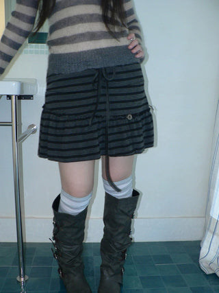 High Waist Printed Lined Korean A Line Tie Detail Casual Deep Gray Mini Skirt