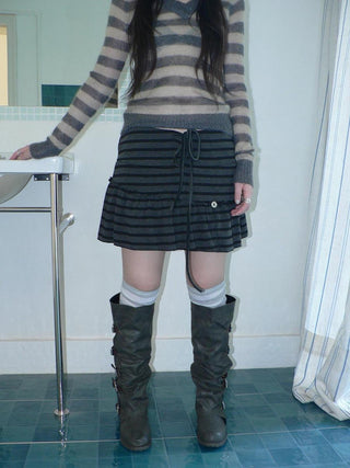 High Waist Printed Lined Korean A Line Tie Detail Casual Deep Gray Mini Skirt