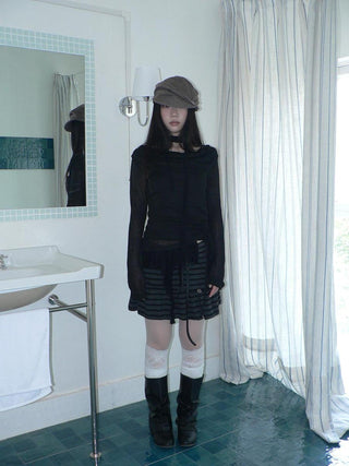 High Waist Printed Lined Korean A Line Tie Detail Casual Deep Gray Mini Skirt