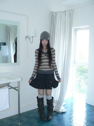 High Waist Printed Lined Korean A Line Tie Detail Casual Deep Gray Mini Skirt