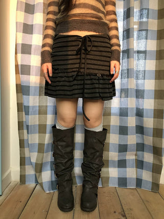 High Waist Printed Lined Korean A Line Tie Detail Casual Deep Gray Mini Skirt