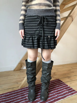 High Waist Printed Lined Korean A Line Tie Detail Casual Deep Gray Mini Skirt
