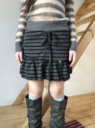 High Waist Printed Lined Korean A Line Tie Detail Casual Deep Gray Mini Skirt