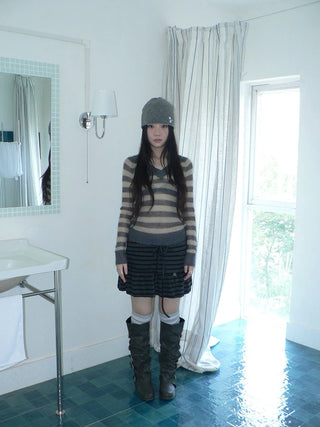 High Waist Printed Lined Korean A Line Tie Detail Casual Deep Gray Mini Skirt