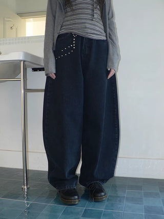 High Waist Vintage Beaded Rivet Relaxed Women Dark Blue Lettered Jeans