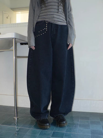 High Waist Vintage Beaded Rivet Relaxed Women Dark Blue Lettered Jeans