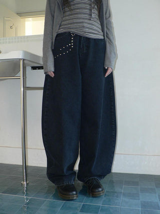 High Waist Vintage Beaded Rivet Relaxed Women Dark Blue Lettered Jeans
