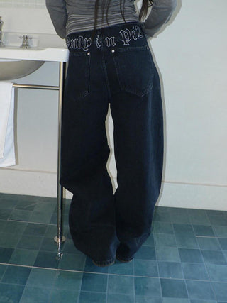 High Waist Vintage Beaded Rivet Relaxed Women Dark Blue Lettered Jeans