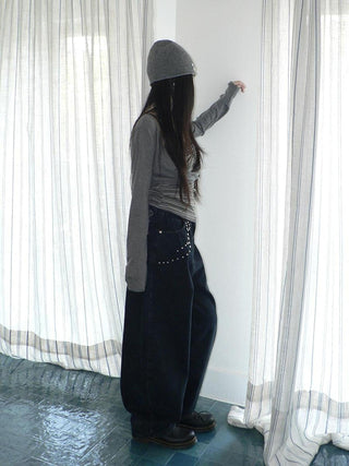 High Waist Vintage Beaded Rivet Relaxed Women Dark Blue Lettered Jeans