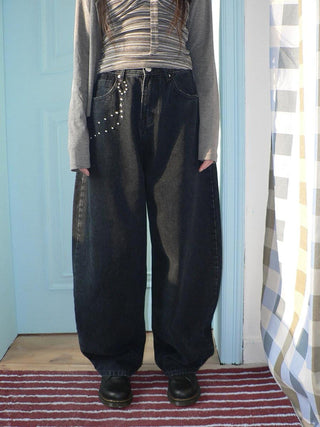 High Waist Vintage Beaded Rivet Relaxed Women Dark Blue Lettered Jeans