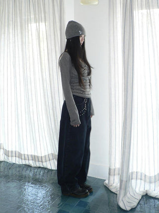 High Waist Vintage Beaded Rivet Relaxed Women Dark Blue Lettered Jeans
