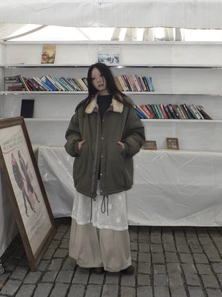 Insulated Thick Loose Retro Commuter Lapel Buttons Green Puffer Jacket