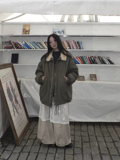 Insulated Thick Loose Retro Commuter Lapel Buttons Green Puffer Jacket