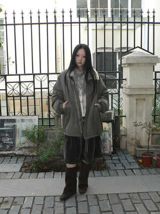 Insulated Thick Loose Retro Commuter Lapel Buttons Green Puffer Jacket