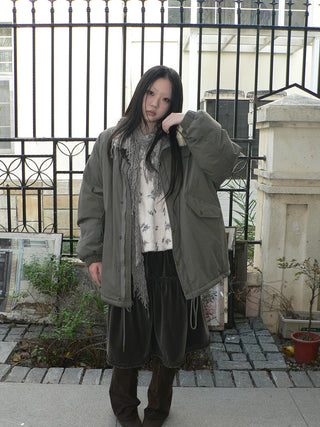 Insulated Thick Loose Retro Commuter Lapel Buttons Green Puffer Jacket
