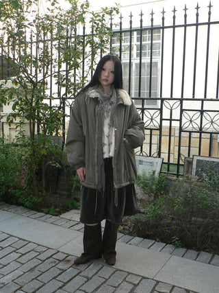 Insulated Thick Loose Retro Commuter Lapel Buttons Green Puffer Jacket