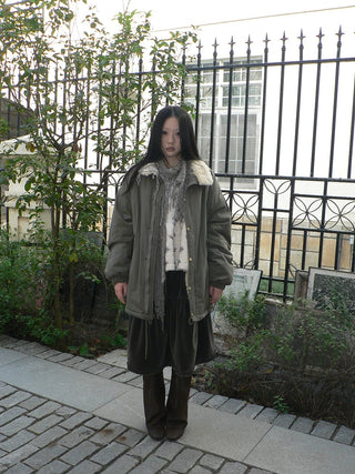Insulated Thick Loose Retro Commuter Lapel Buttons Green Puffer Jacket