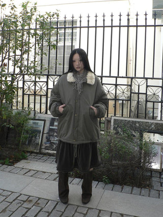 Insulated Thick Loose Retro Commuter Lapel Buttons Green Puffer Jacket