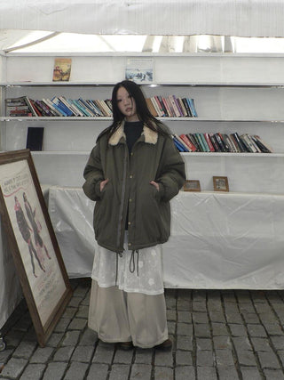Insulated Thick Loose Retro Commuter Lapel Buttons Green Puffer Jacket