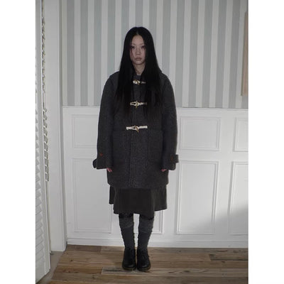 Insulated Vintage Commuter Loose Hooded Midlength Women Toggle Pocket Gray Coat