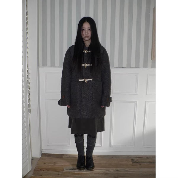 Insulated Vintage Commuter Loose Hooded Midlength Women Toggle Pocket Gray Coat