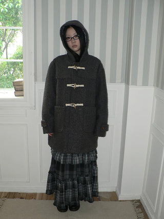 Insulated Vintage Commuter Loose Hooded Midlength Women Toggle Pocket Gray Coat