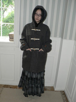 Insulated Vintage Commuter Loose Hooded Midlength Women Toggle Pocket Gray Coat