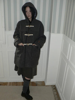 Insulated Vintage Commuter Loose Hooded Midlength Women Toggle Pocket Gray Coat