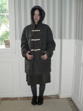 Insulated Vintage Commuter Loose Hooded Midlength Women Toggle Pocket Gray Coat