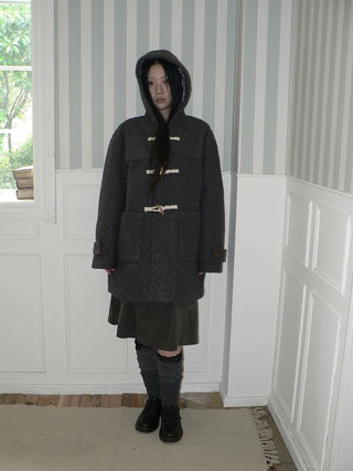 Insulated Vintage Commuter Loose Hooded Midlength Women Toggle Pocket Gray Coat