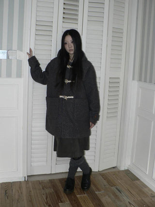 Insulated Vintage Commuter Loose Hooded Midlength Women Toggle Pocket Gray Coat