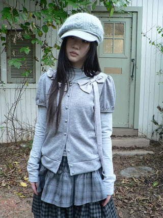 Knit Bow Crop Slim Fit Korean Short Sleeve Women Heather Gray T-Shirt