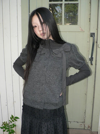 Knit Bow Crop Slim Fit Korean Short Sleeve Women Heather Gray T-Shirt