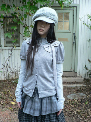 Knit Bow Crop Slim Fit Korean Short Sleeve Women Heather Gray T-Shirt