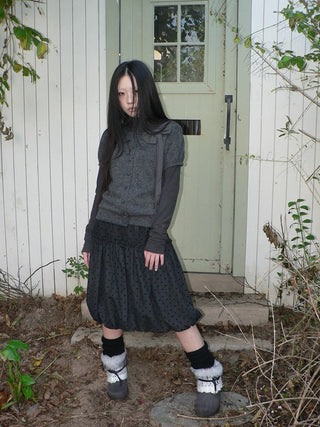 Knit Bow Crop Slim Fit Korean Short Sleeve Women Heather Gray T-Shirt