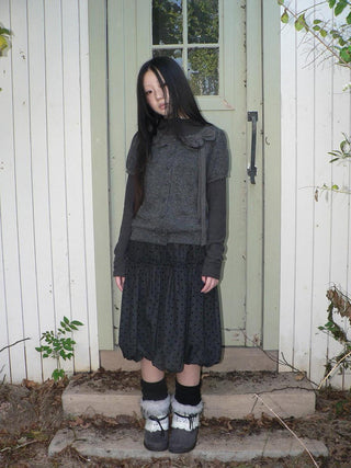 Knit Bow Crop Slim Fit Korean Short Sleeve Women Heather Gray T-Shirt