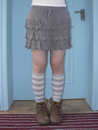 Korean Ruffle Tiered Pleated Knit Natural Waist Casual Girls Women Mini Skirt