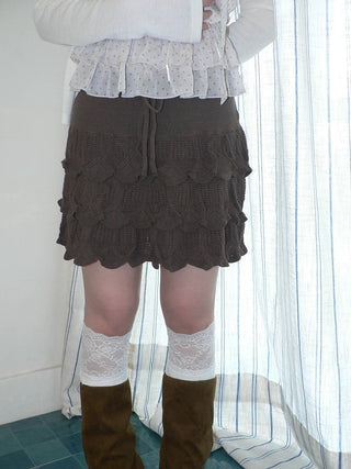 Korean Ruffle Tiered Pleated Knit Natural Waist Casual Girls Women Mini Skirt