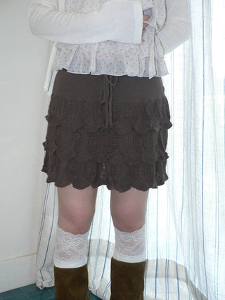 Korean Ruffle Tiered Pleated Knit Natural Waist Casual Girls Women Mini Skirt