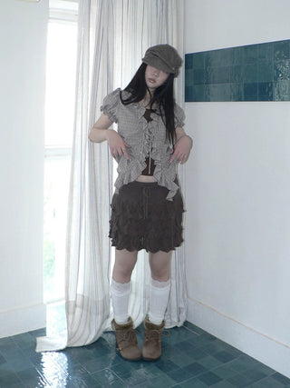Korean Ruffle Tiered Pleated Knit Natural Waist Casual Girls Women Mini Skirt
