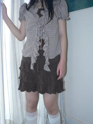 Korean Ruffle Tiered Pleated Knit Natural Waist Casual Girls Women Mini Skirt
