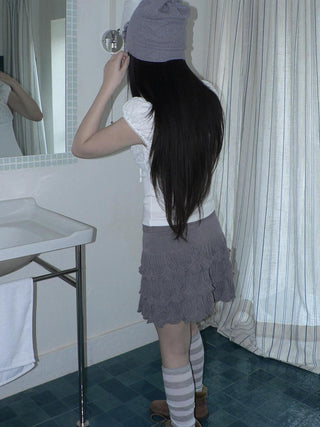 Korean Ruffle Tiered Pleated Knit Natural Waist Casual Girls Women Mini Skirt