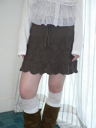 Korean Ruffle Tiered Pleated Knit Natural Waist Casual Girls Women Mini Skirt