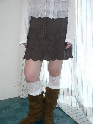 Korean Ruffle Tiered Pleated Knit Natural Waist Casual Girls Women Mini Skirt