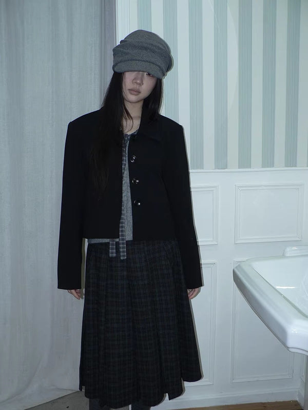 Korean Straight Button Short Lapel Long Sleeve Women Solid Black Jacket