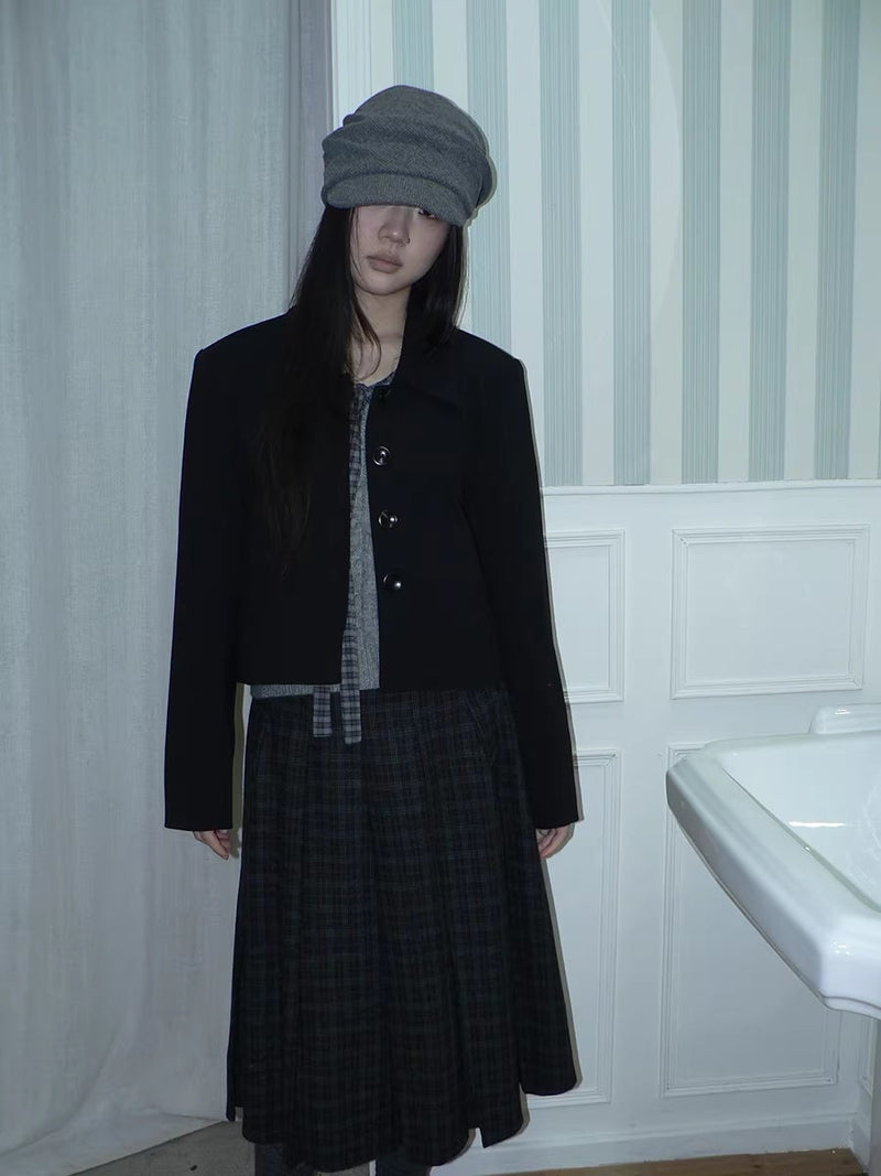 Korean Straight Button Short Lapel Long Sleeve Women Solid Black Jacket