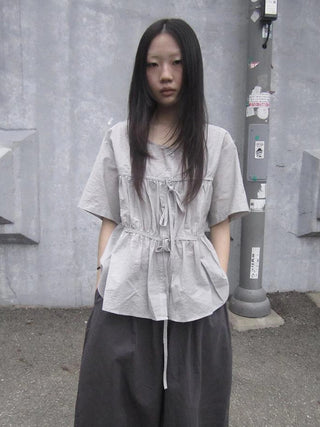 Korean Style Lightweight Tied Waist Pleated Single Row Button Short Sleeve Top