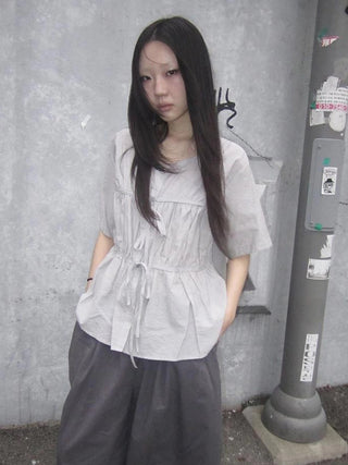 Korean Style Lightweight Tied Waist Pleated Single Row Button Short Sleeve Top